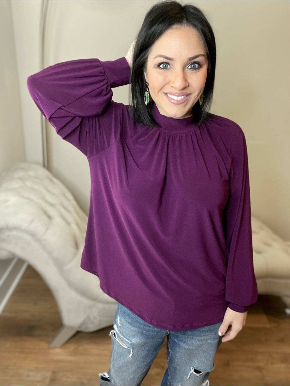 Small White Birch Deep Plum Mock Neck Balloon Sleeve Blouse